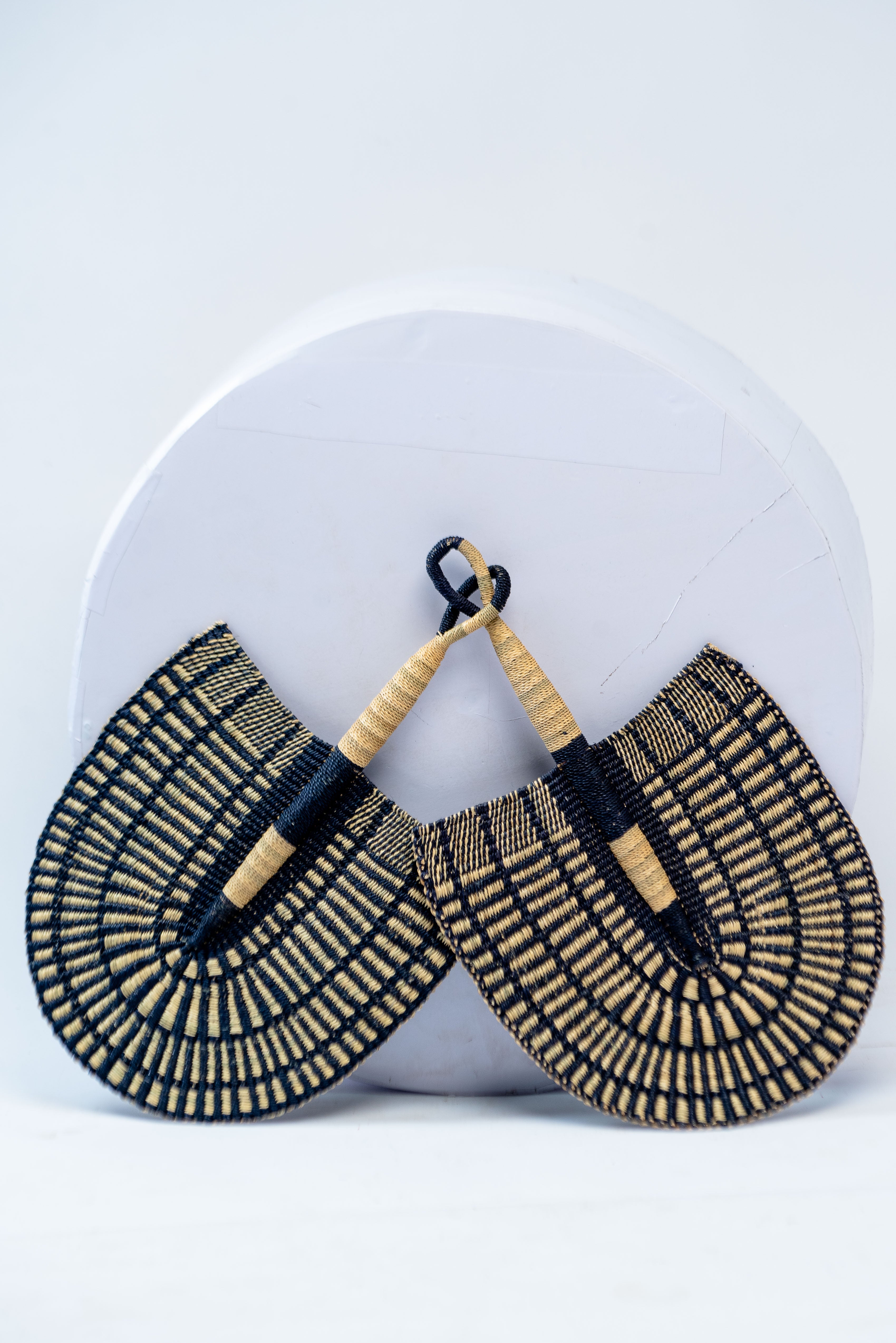 Handwoven Bolga Fan Set – Black & Natural Straw Radial Stripe (Set of 2)