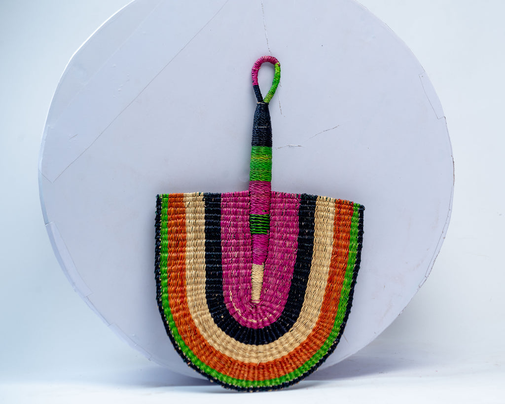 Handwoven Bolga Rainbow Fan – Magenta, Orange, Green & Black Concentric Stripes