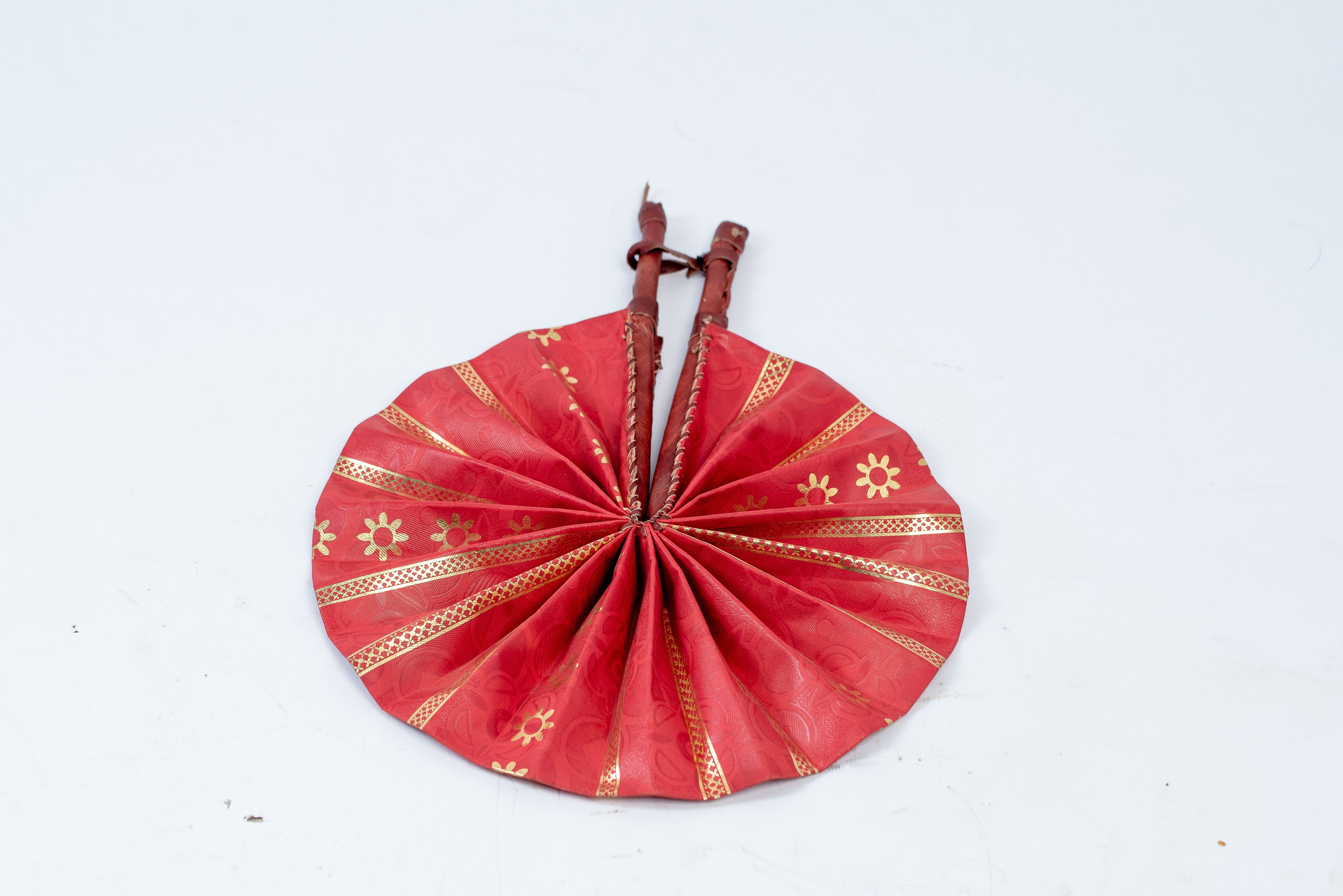 Handmade Red & Gold Circular Folding Fan – Metallic Stripe & Floral Print