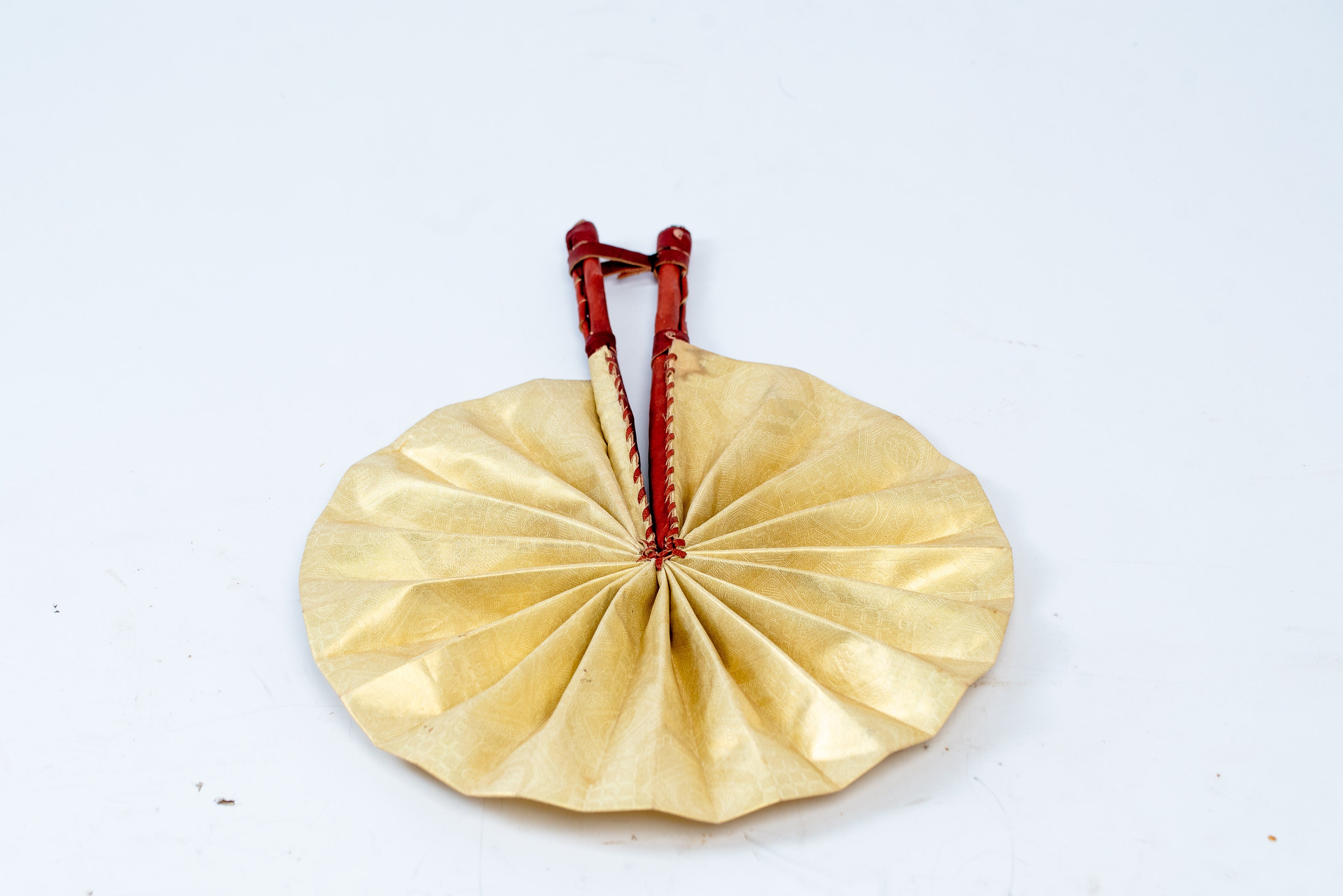Handmade Natural Cream Circular Folding Fan – Red Leather Sticks