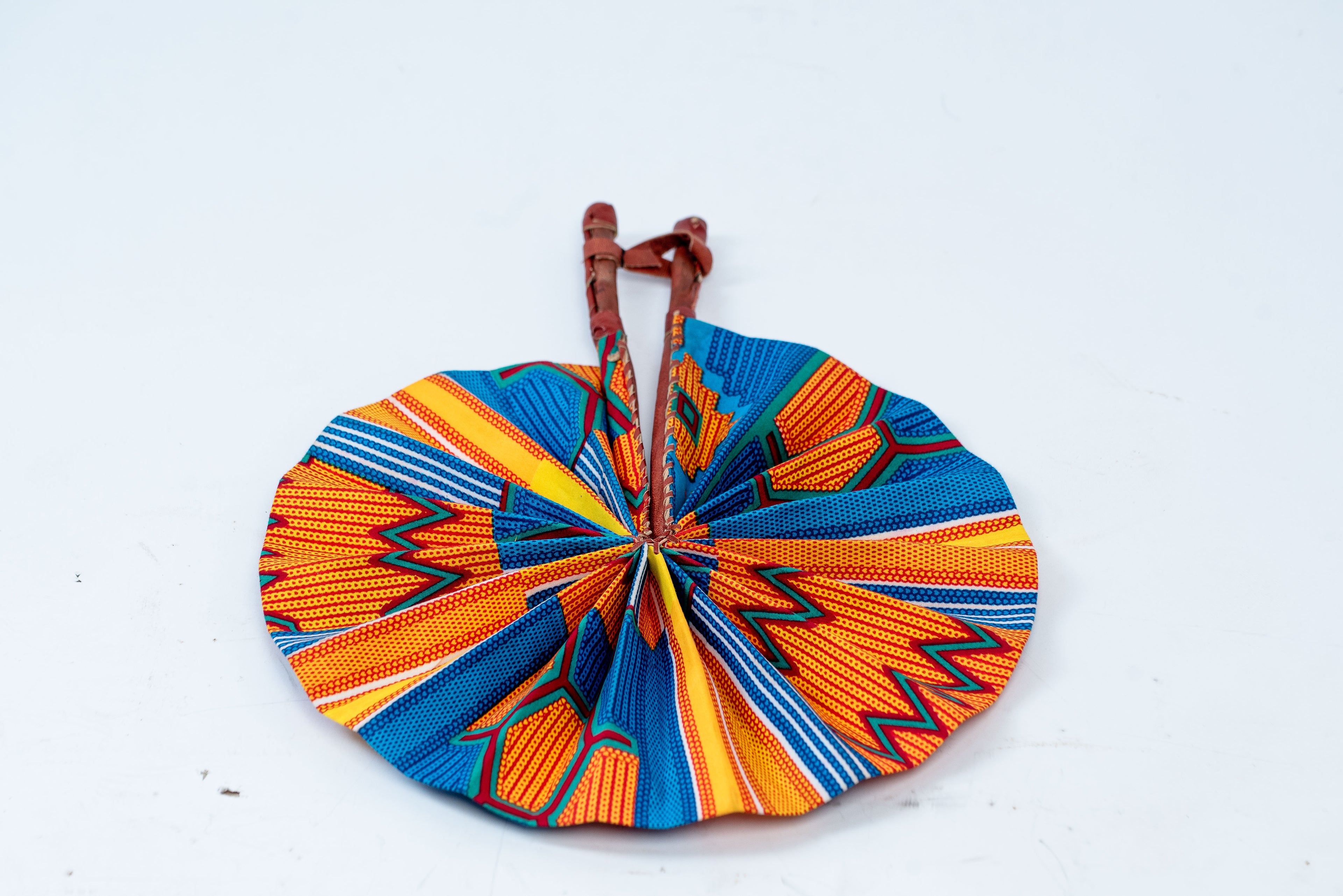 Handmade Ankara Wax Print Circular Folding Fan – Orange, Blue & Yellow African Print