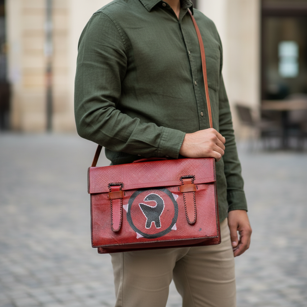 Handmade red leather satchel bag worn as crossbody, lifestyle shot