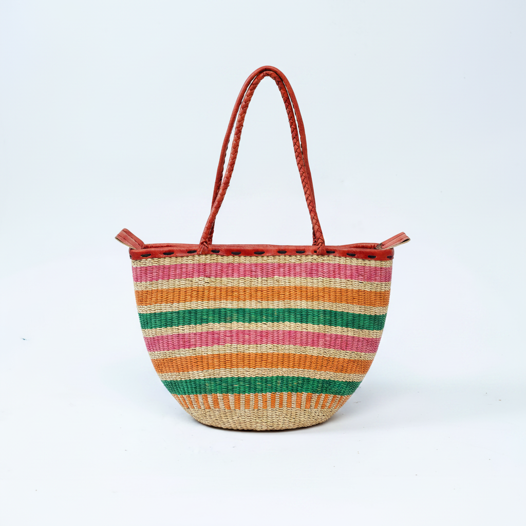 Handwoven multicolour stripe basket tote, front view