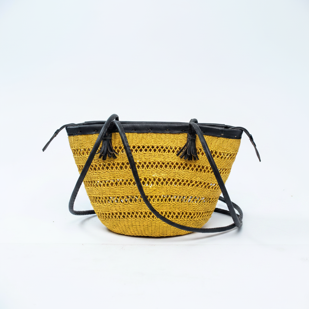 Handwoven golden yellow basket bag, front view