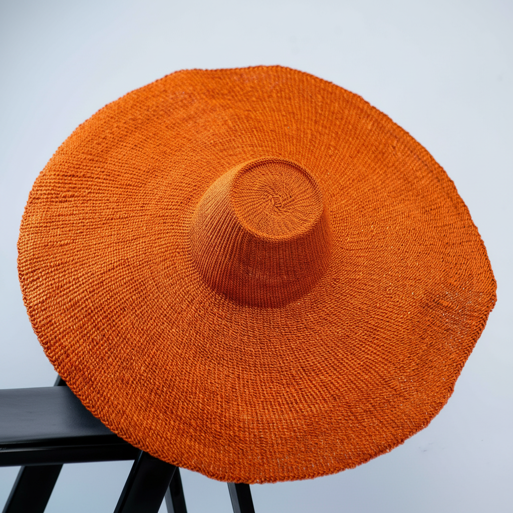 Handwoven oversized orange Bolga sun hat, top-down spiral crown view