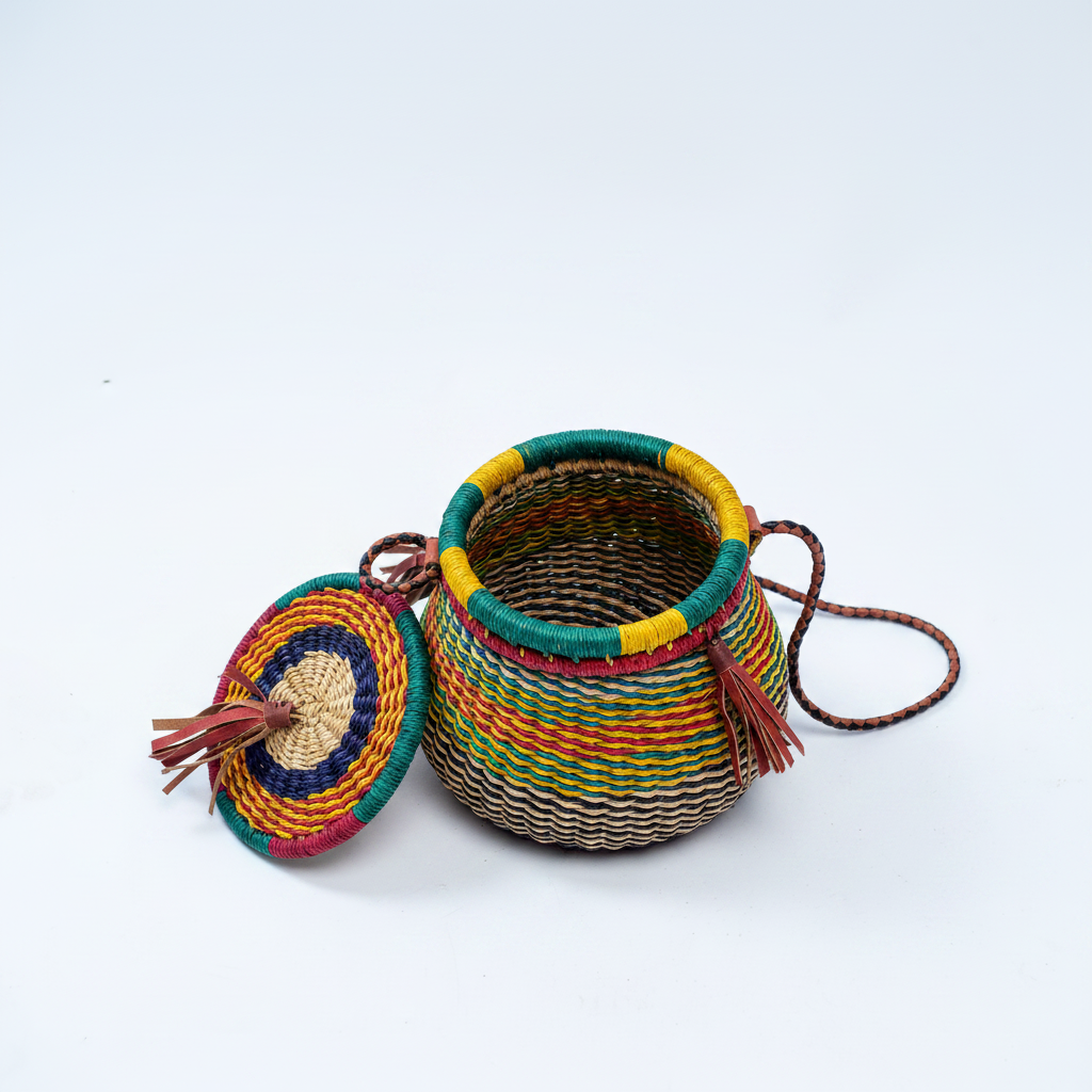 Handwoven rainbow pot basket bag, lid open view