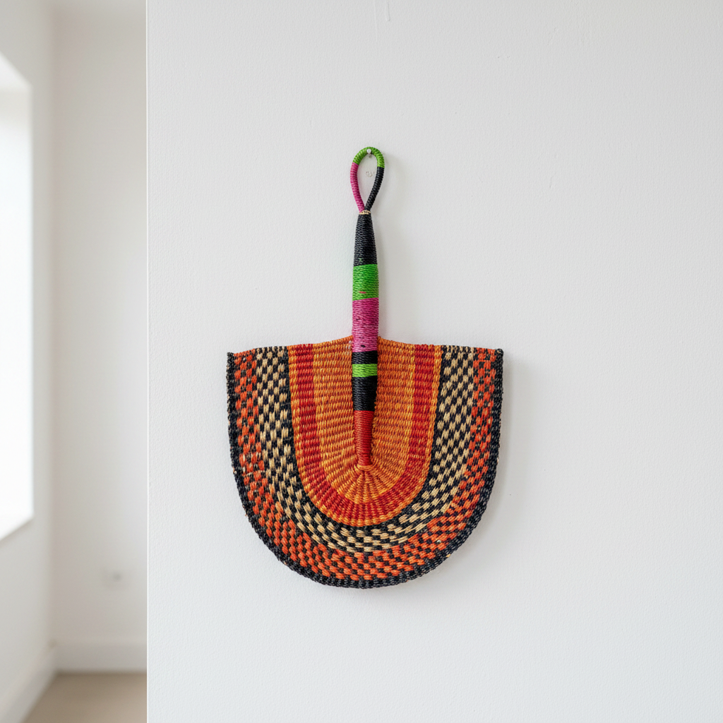 Handwoven Bolga checkerboard fan hung on white wall as decorative art