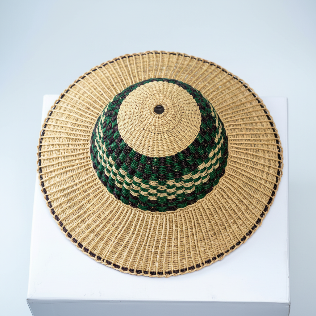Handwoven Bolga sun hat with green diamond band, top-down view