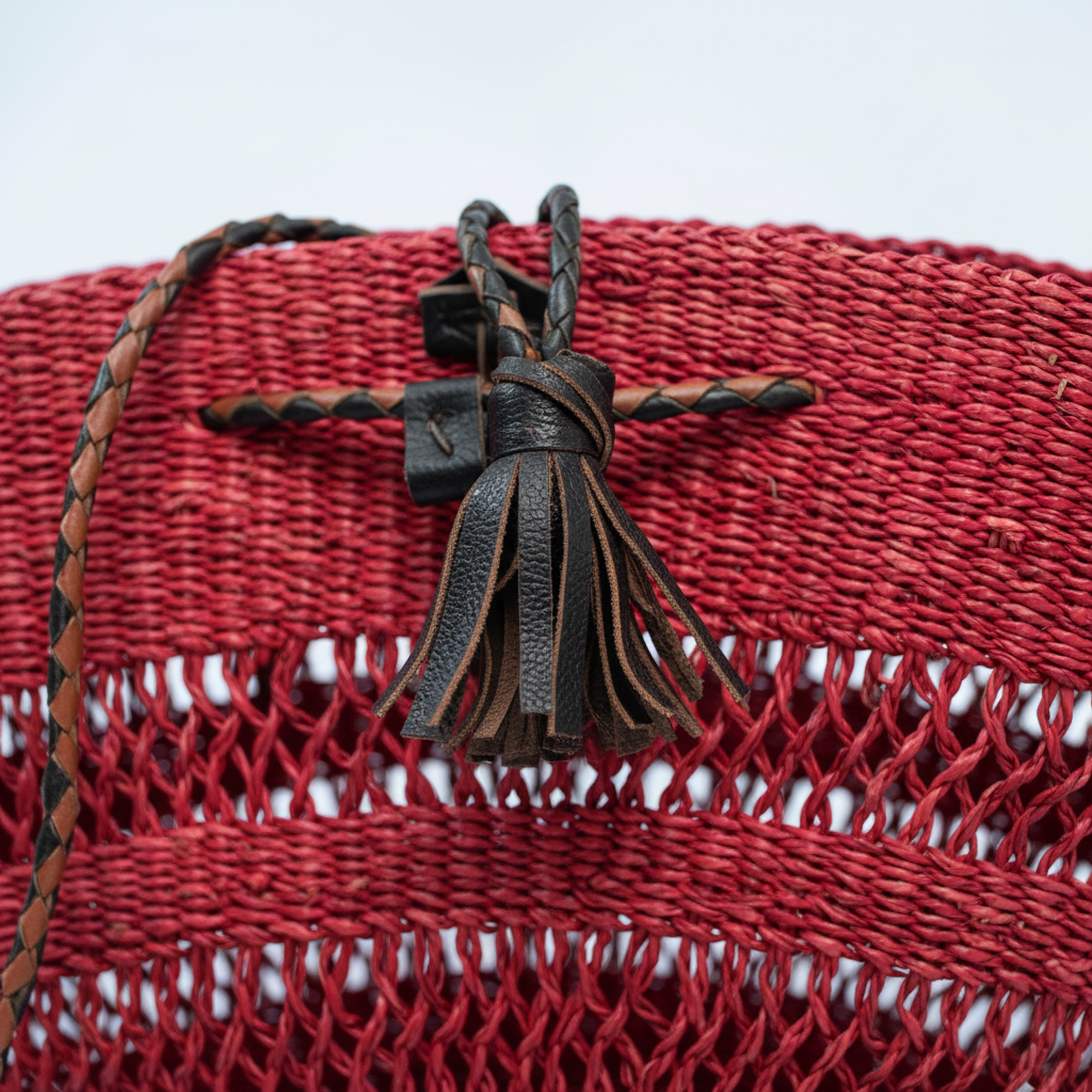 Close-up of leather tassel and braided drawstring detail