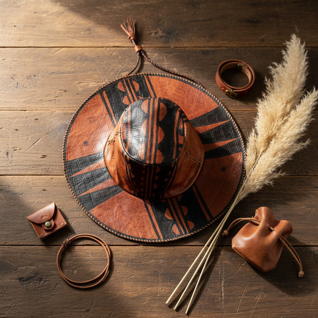 Wide-brim leather tribal hat with pampas grass, lifestyle flat lay