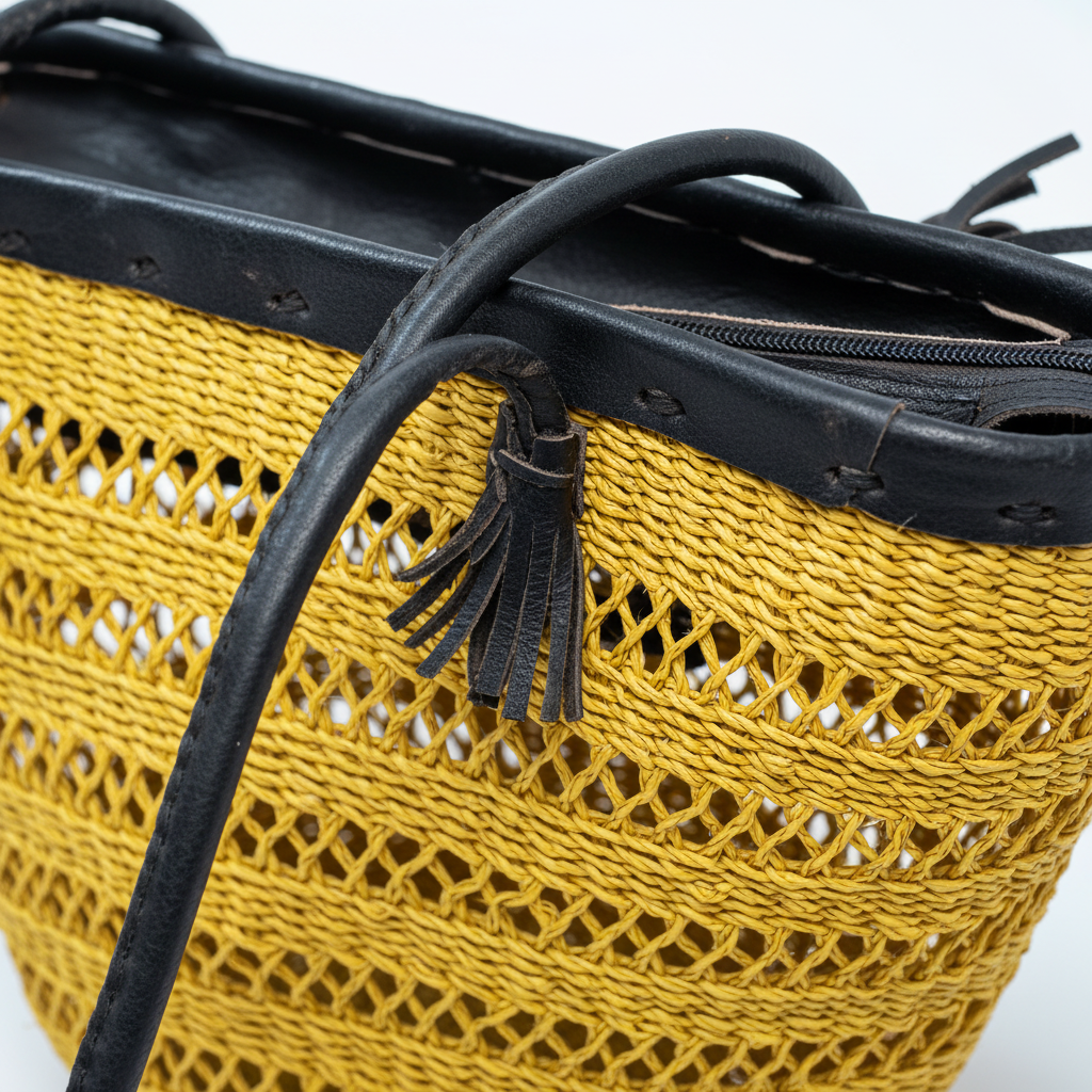Close-up of black leather rim, tassels and golden yellow weave detail