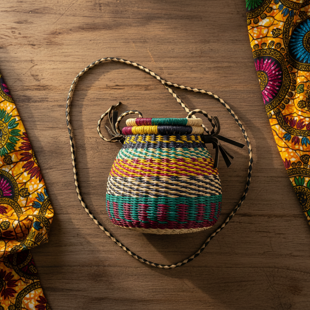 Geometric pot basket bag with African textiles, lifestyle flat lay