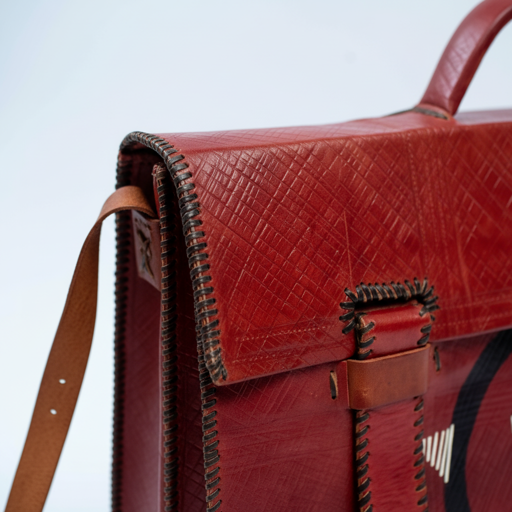 Close-up detail of hand-stitched edges and buckle