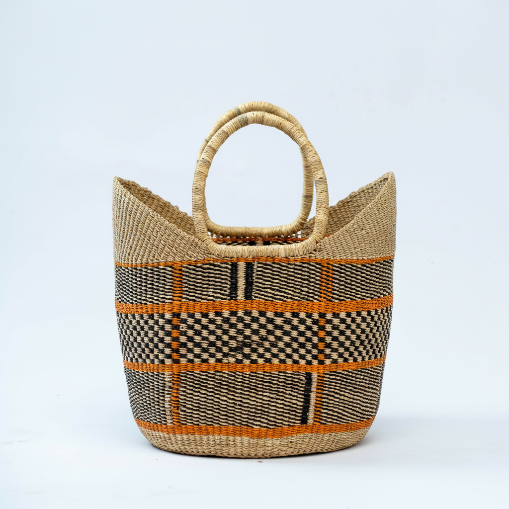 Handwoven geometric market basket tote, front product view
