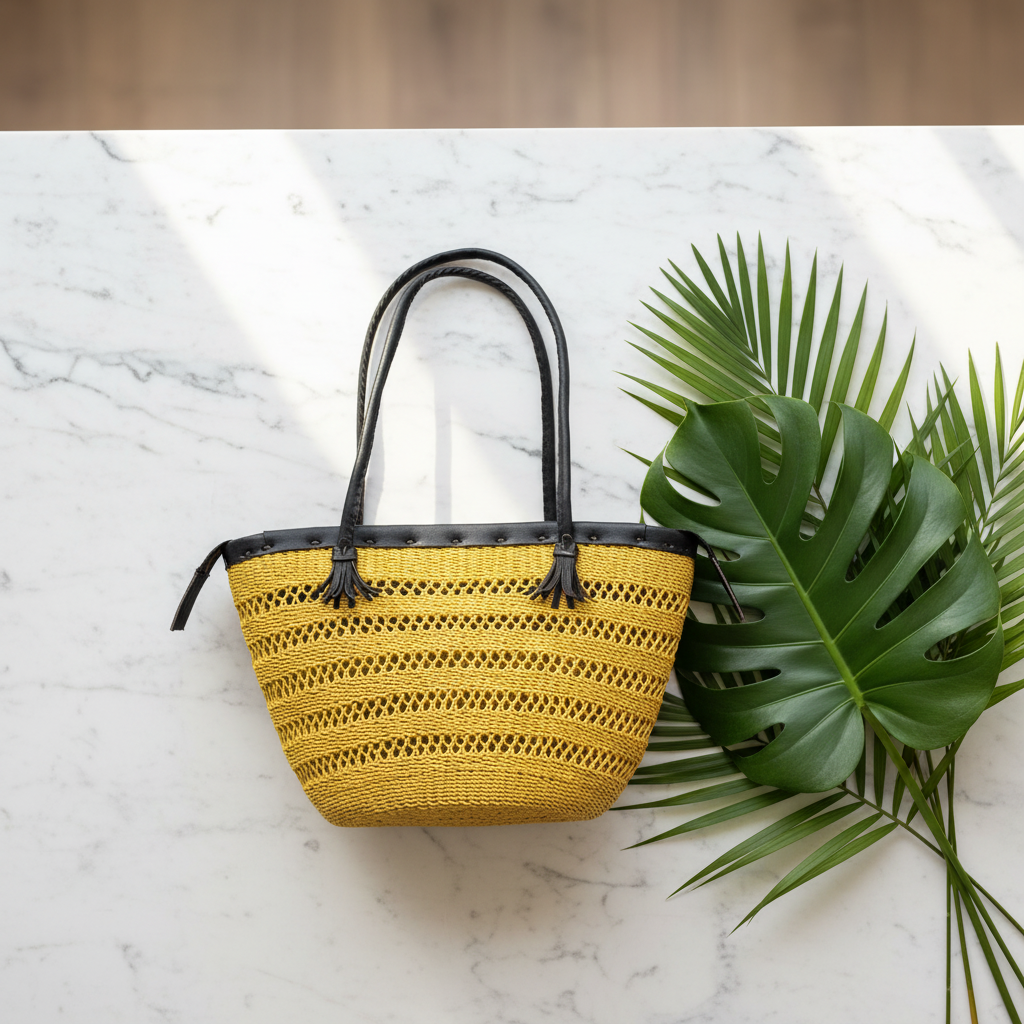 Golden yellow basket bag with tropical leaves, lifestyle flat lay