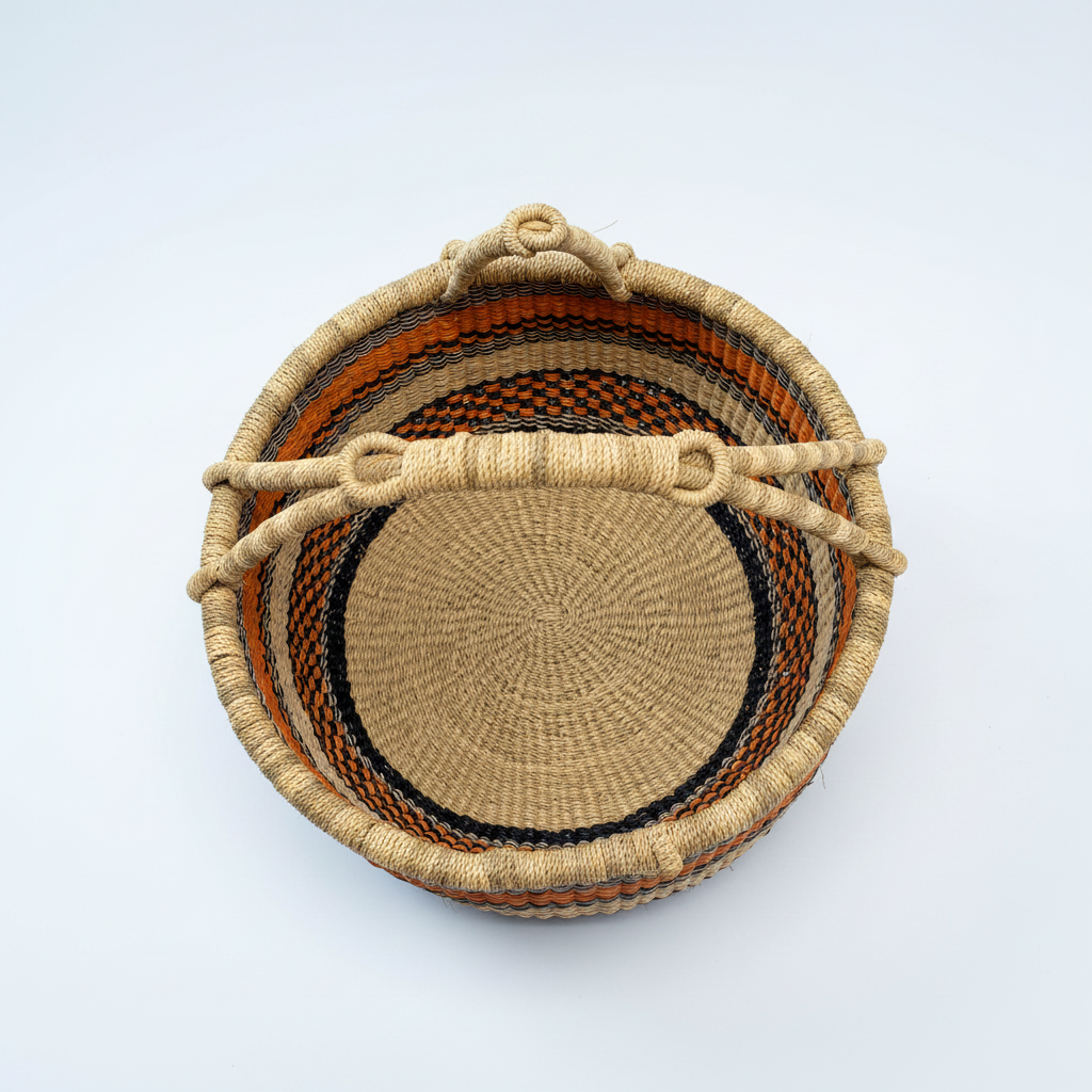 Handwoven round basket bag, top-down view showing interior