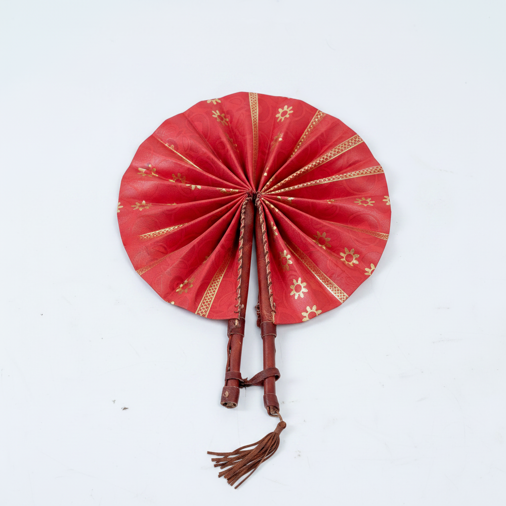 Handmade red and gold circular folding fan fully open, product view