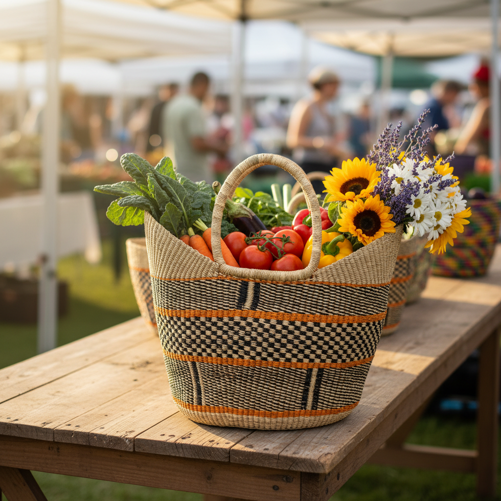 Large geometric market basket filled with vegetables at farmers market