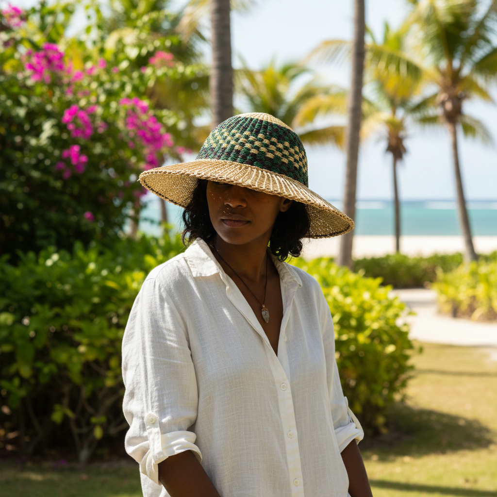 Person wearing wide-brim Bolga sun hat outdoors, lifestyle shot