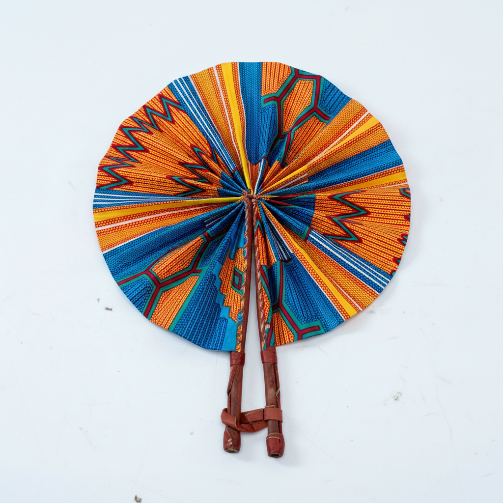 Handmade Ankara circular folding fan fully open, product view