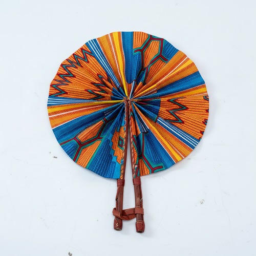 Handmade Ankara circular folding fan fully open, product view