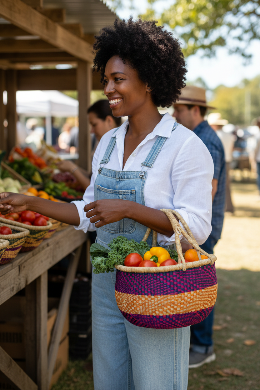 Lifestyle shot of bolga basket at farmers market