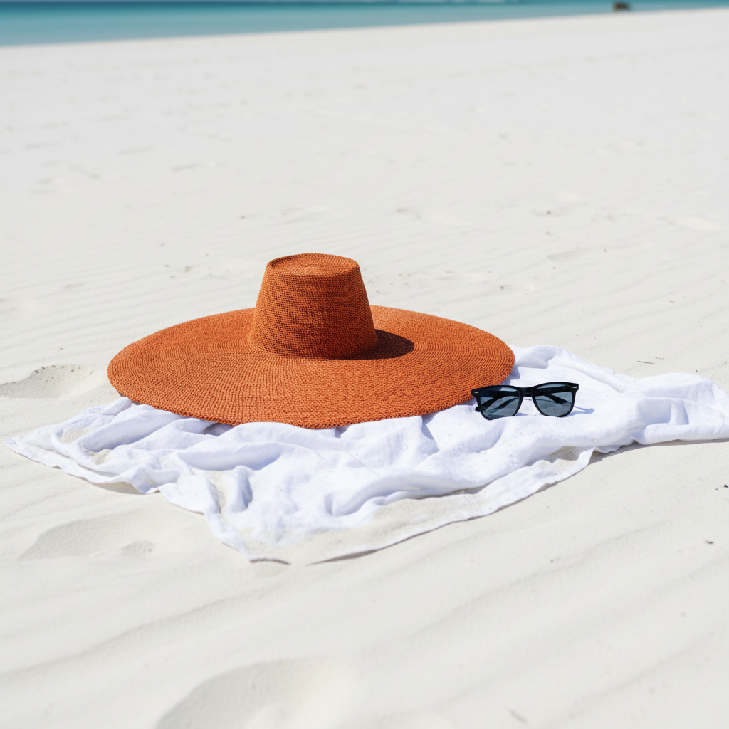 Oversized orange Bolga sun hat on white sand beach, lifestyle flat lay