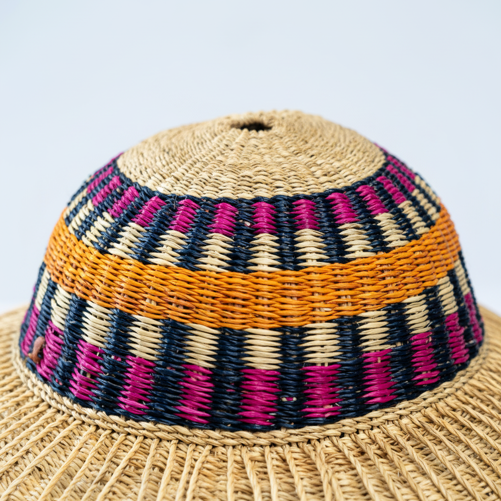 Close-up of magenta, navy and amber diamond weave band detail