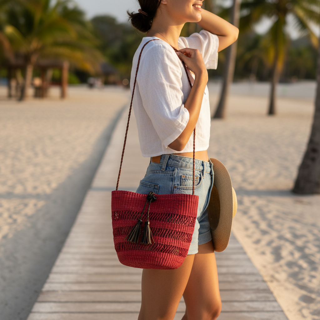 Crimson red bucket bag worn as crossbody, lifestyle shot