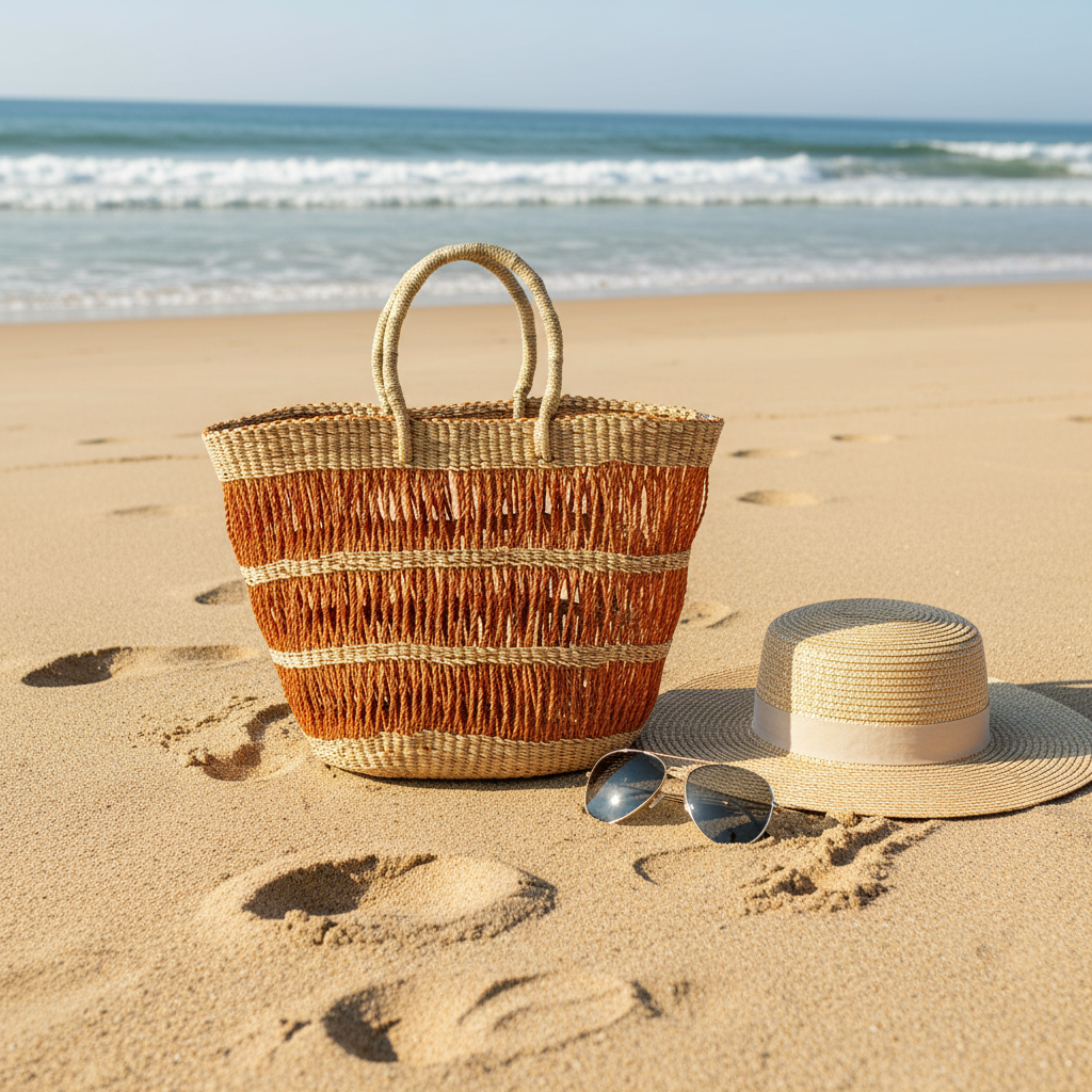 Terracotta stripe basket tote on beach with summer accessories