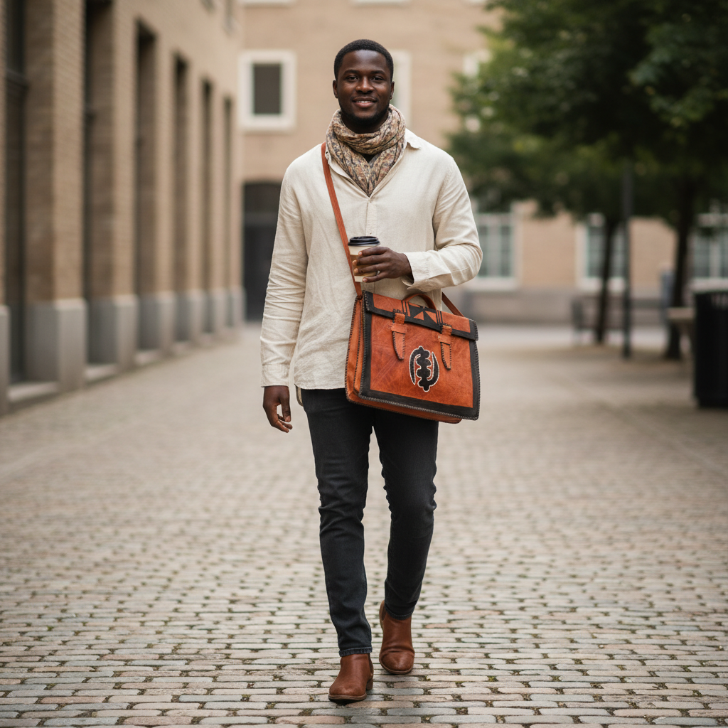 Tan leather satchel worn as crossbody, lifestyle shot