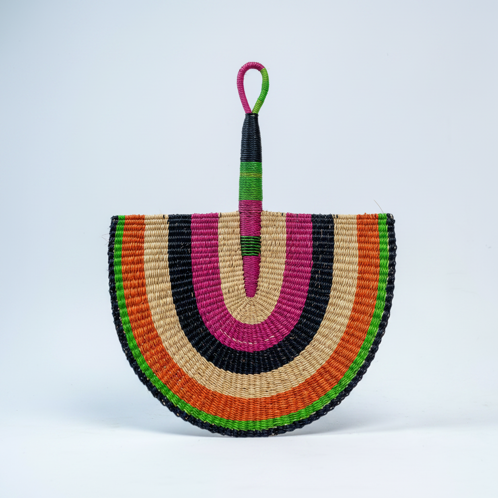 Handwoven Bolga rainbow fan, product view on white background