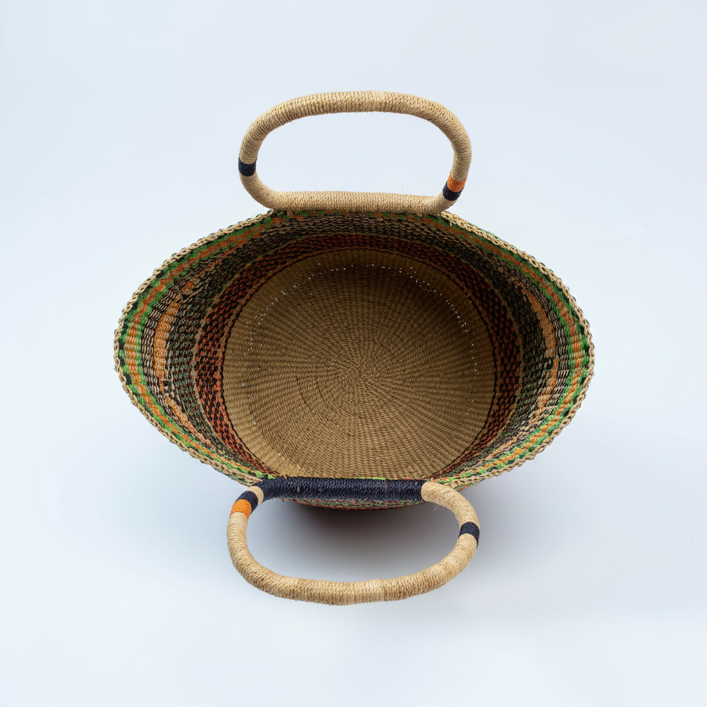 Top-down view of handwoven African basket tote bag