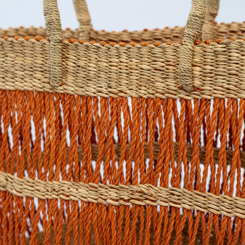 Close-up of terracotta twisted fibre and natural straw weave detail