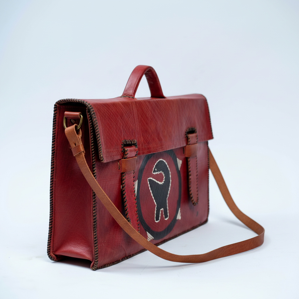 Handmade red leather satchel bag, side view