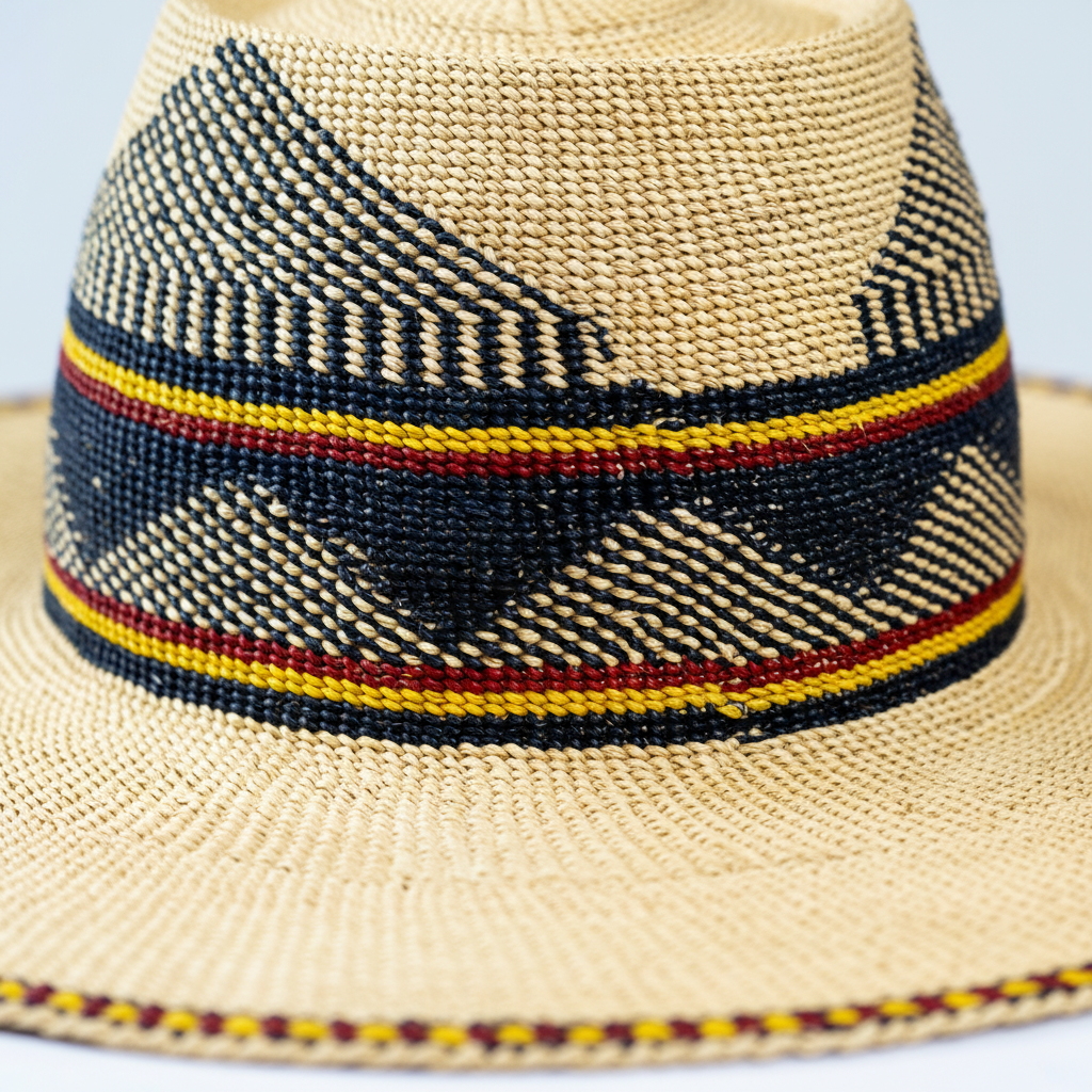 Close-up of navy diamond geometric weave with yellow and red stripe band detail