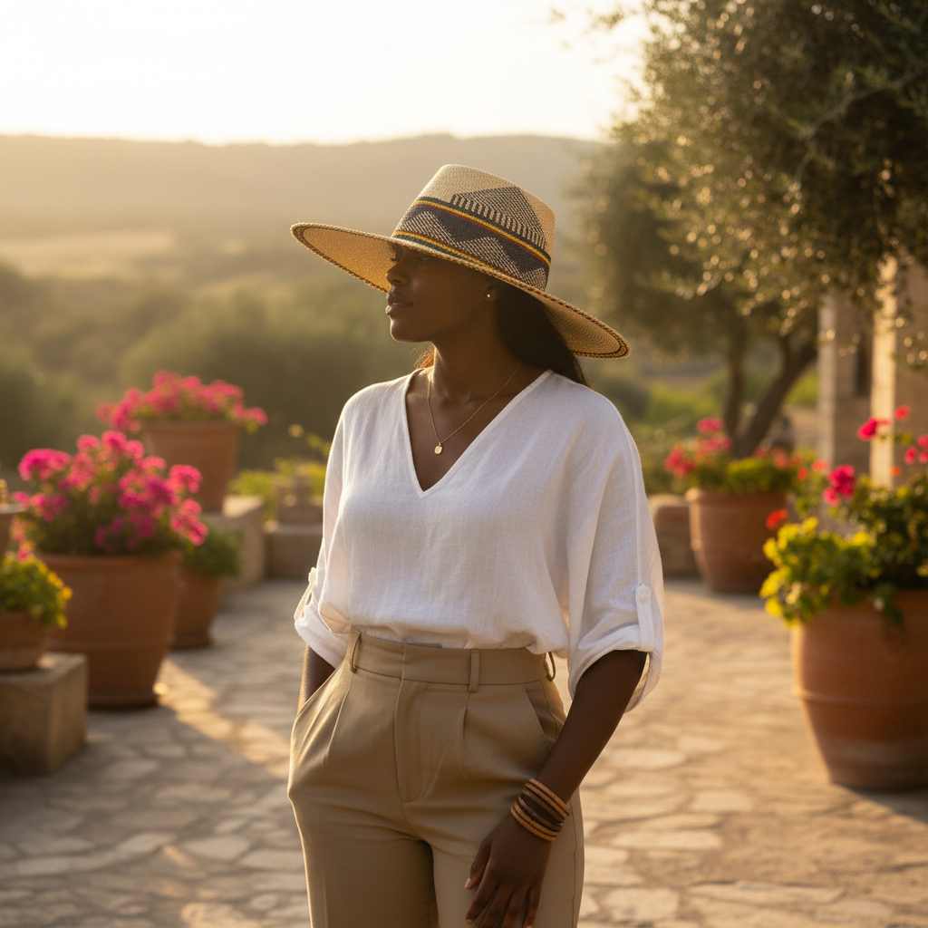 Person wearing natural straw Bolga fedora with navy band outdoors, lifestyle shot