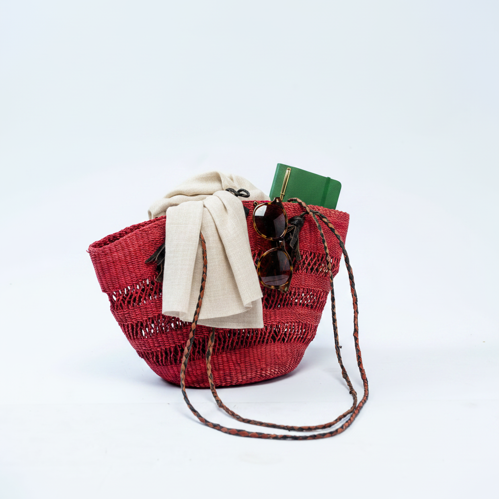 Handwoven crimson red bucket bag, front product view