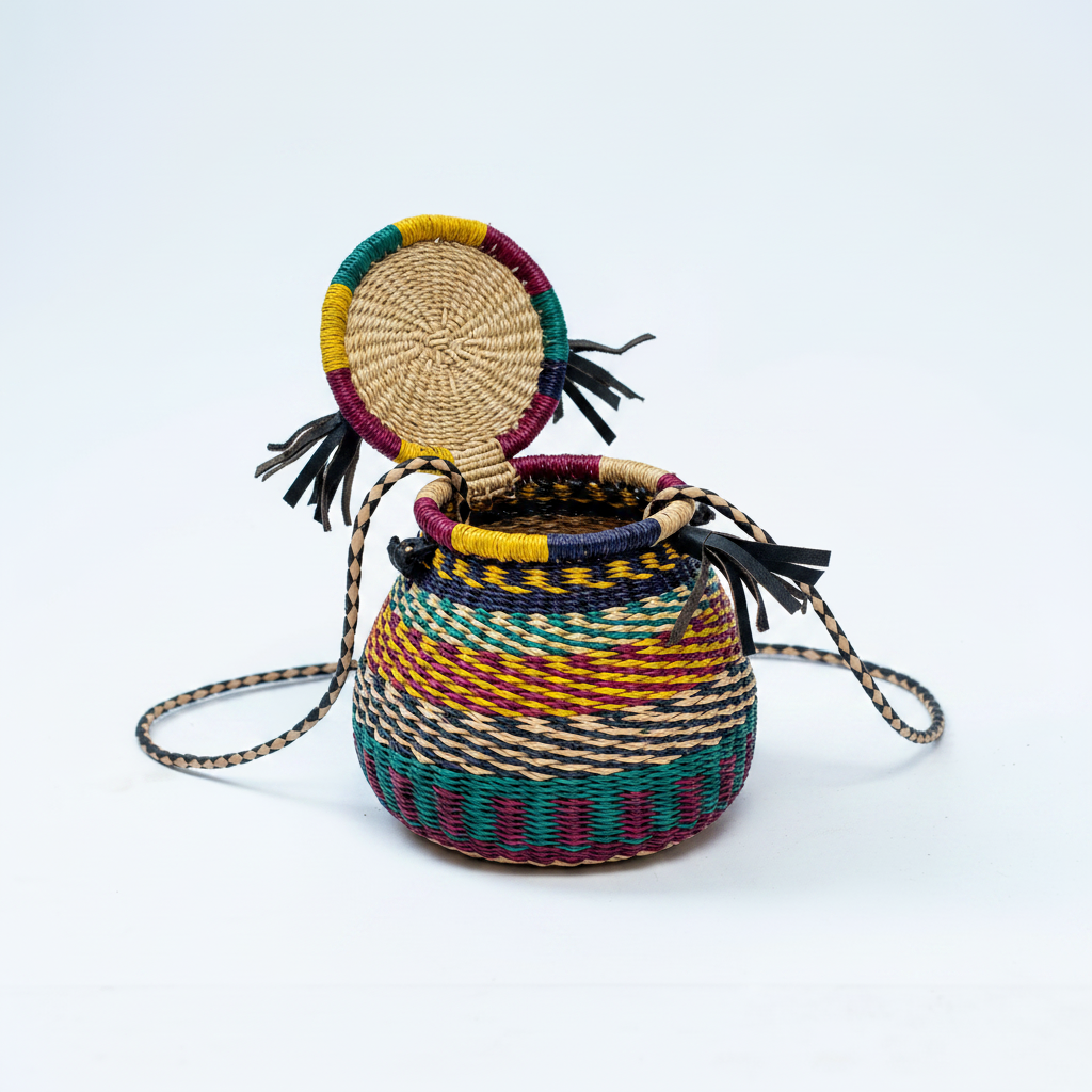 Handwoven geometric pot basket bag, lid open view