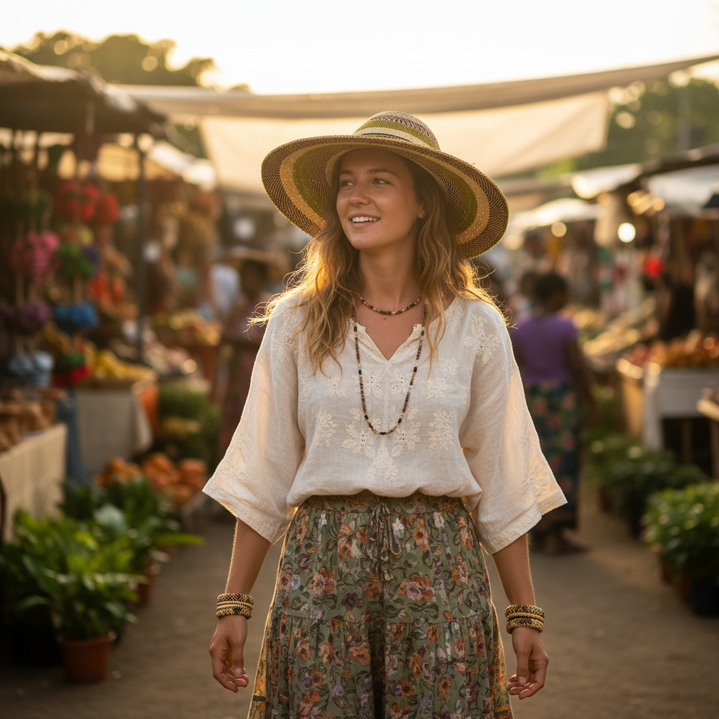 Person wearing wide-brim Bolga fedora sun hat outdoors, lifestyle shot