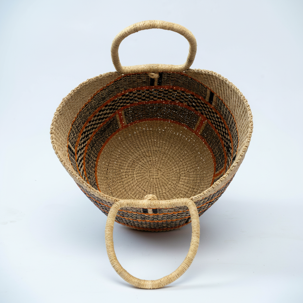 Handwoven geometric market basket tote, top-down view