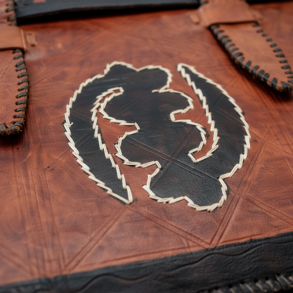 Adinkra symbol detail on tan leather satchel