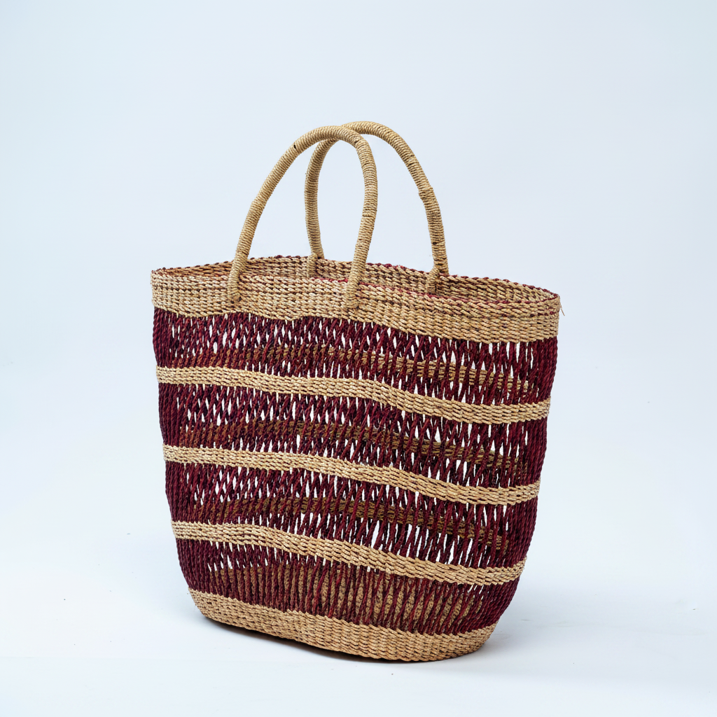 Handwoven open-weave burgundy stripe basket tote, angled view