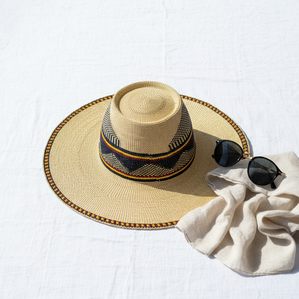 Natural straw Bolga fedora with sunglasses and linen scarf, lifestyle flat lay