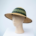 Handwoven Bolga sun hat with green diamond band, front product view