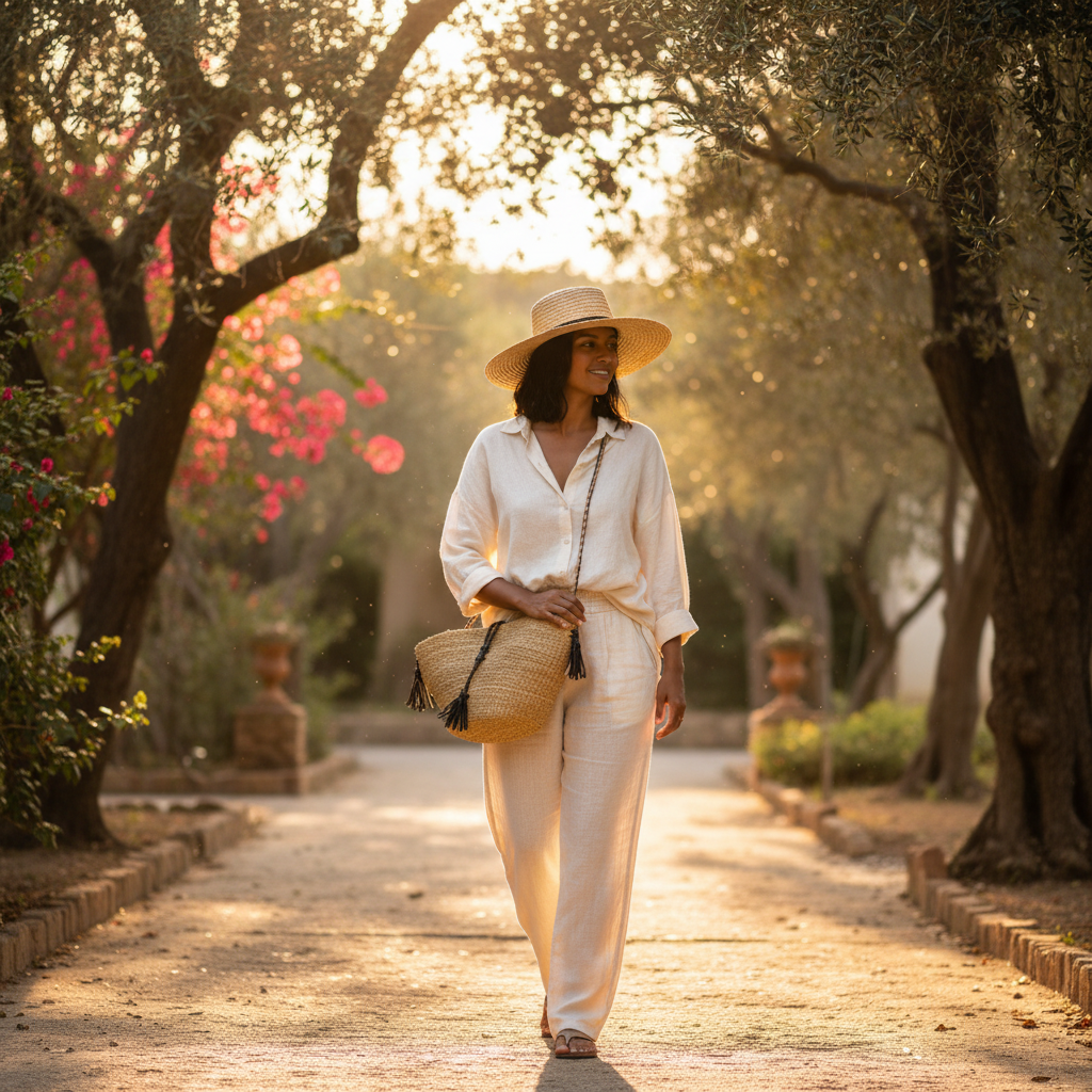 Person wearing straw crescent crossbody bag, lifestyle shot