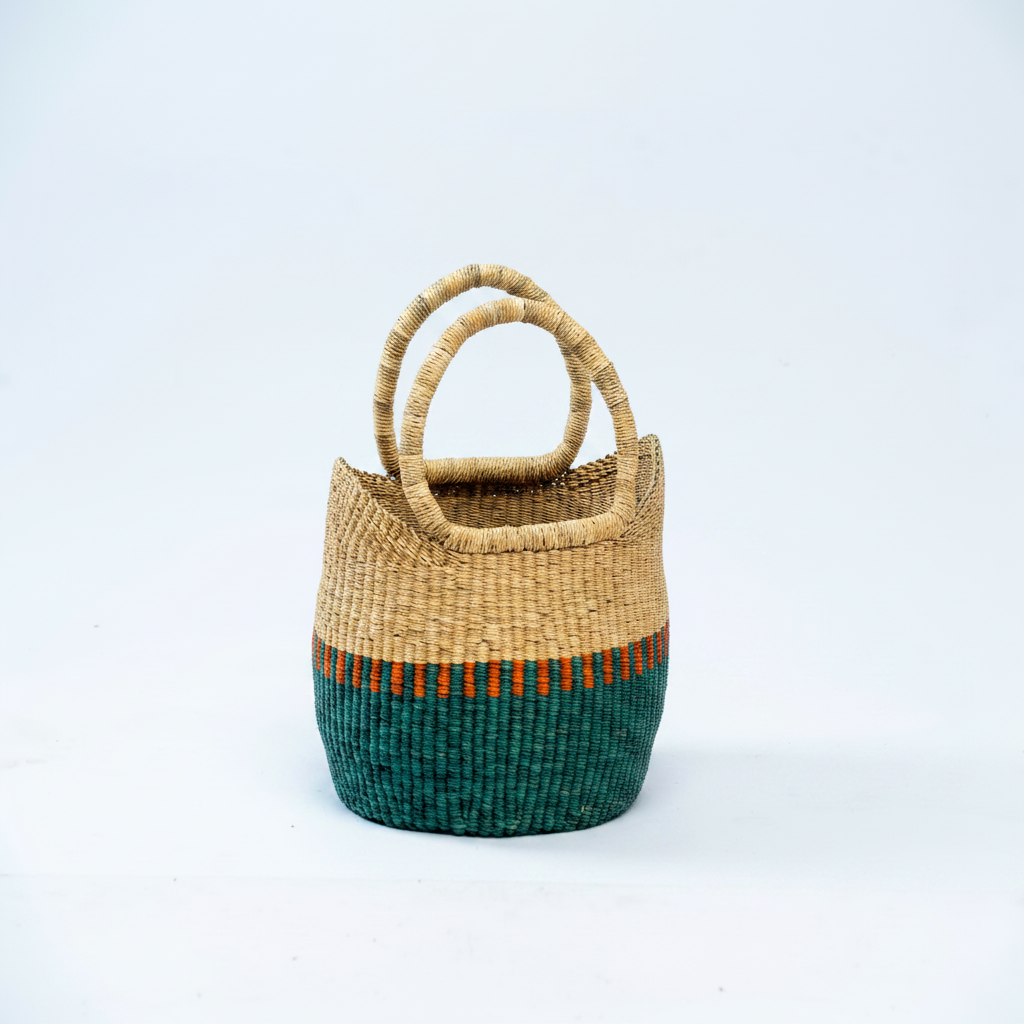 Handwoven teal and natural straw market basket, front product view