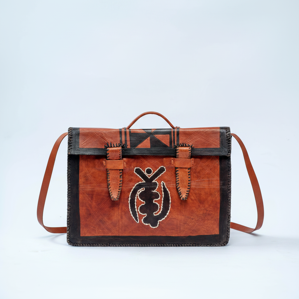 Handmade tan leather satchel, front view