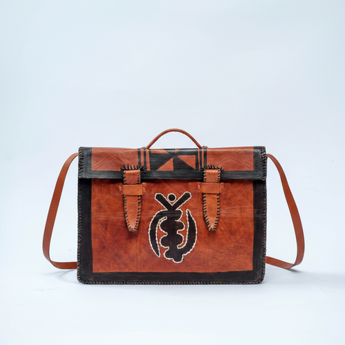 Handmade tan leather satchel, front view
