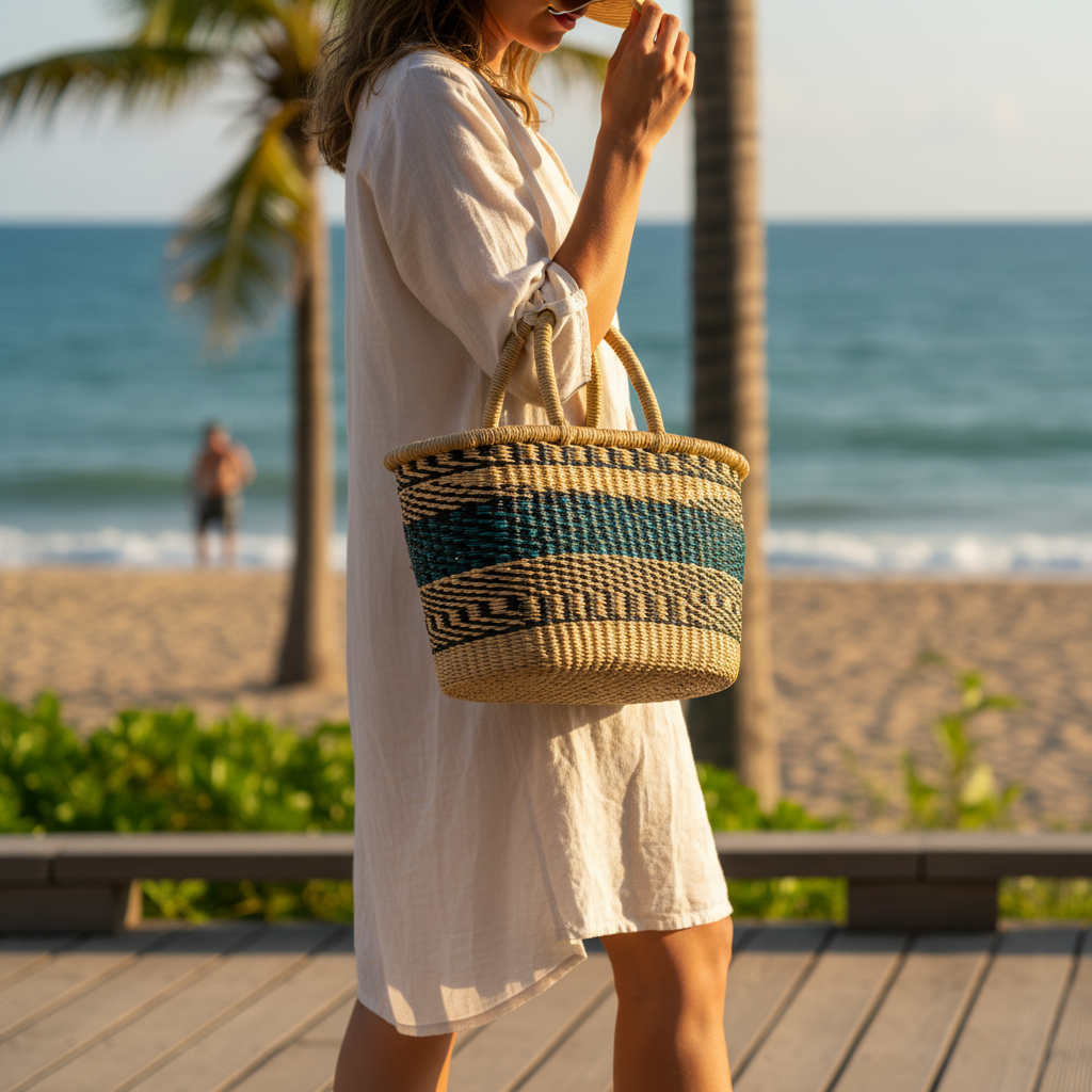 Person carrying basket tote by loop handles, lifestyle shot